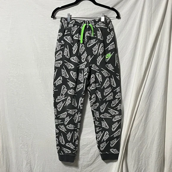 Nike Kids Black and White Logo Joggers with Green Drawstring - Picture 1 of 7